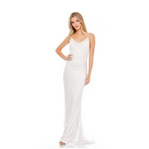 Mac Duggal Slinky Pearl Beaded Lace Up Gown White 93557